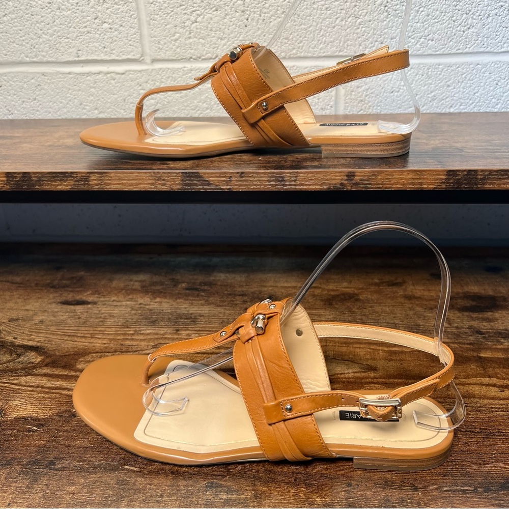 Alex Marie Tan Leather Sandals T Strap Casual‎ Flat Metallic Buckle Women's 8